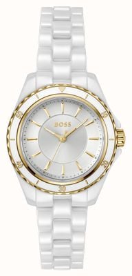 BOSS Montre à quartz trois aiguilles Sage aqua (30 mm), cadran argenté / bracelet en céramique blanche 1502850