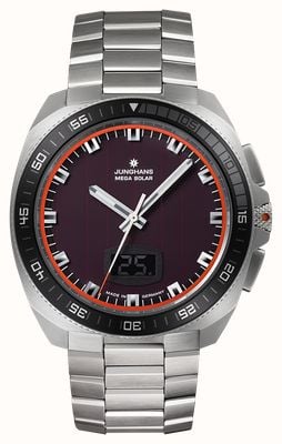Junghans Mostrador de célula solar de vidro de 43,3 mm com controle por rádio solar Mega Solar de 1972 / pulseira de aço inoxidável 56/4611.44