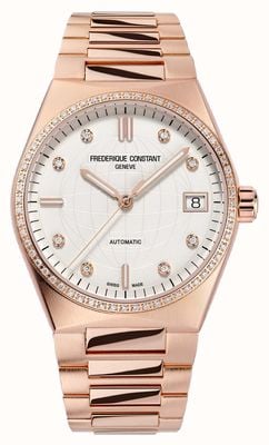 Frederique Constant Reloj automático Highlife con diamantes (34 mm), esfera plateada y brazalete de acero inoxidable PVD en oro rosa FC-303VD2NHD4B