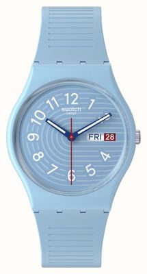 Swatch Trendy lijnen in de lucht (34 mm) blauwe wijzerplaat / blauwe siliconen band SO28S704
