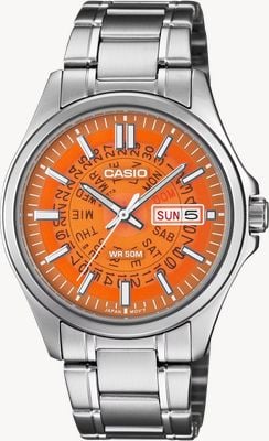 Casio Serie Mtp-e740 giorno-data quarzo (39,8 mm) quadrante arancione trasparente / bracciale in acciaio inossidabile MTP-E740-4AVER