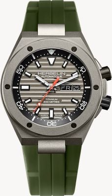 Herbelin Orologio subacqueo automatico in titanio (42 mm) con quadrante grigio e cinturino in gomma verde kaki. 1745TITICK