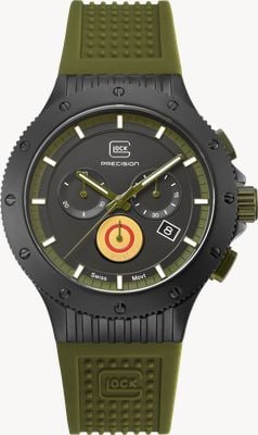 GLOCK Precision Titan-Chronograph in limitierter Auflage (44 mm), schwarzes Zifferblatt/grünes Silikonarmband + Stahlgeflechtarmband GW-27-1-24