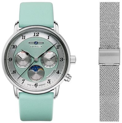 Zeppelin Mondphase Multifunktion (36mm) mintgrünes Clous-de-Paris-Zifferblatt / Stahlmesh- und Türkisleder-Armbänder 8537-2 SET