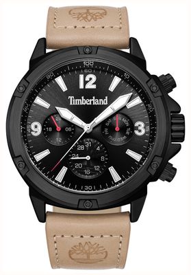 Timberland Quarz-Multifunktionsuhr (46 mm), schwarzes Zifferblatt / hellbraunes Lederarmband TDWGF9002702