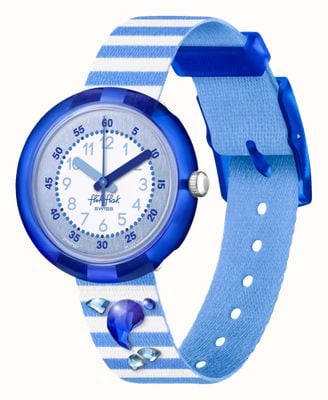 Flik Flak Dauphin brillant (32 mm), cadran blanc / bracelet en pet recyclé bleu et blanc FPNP147