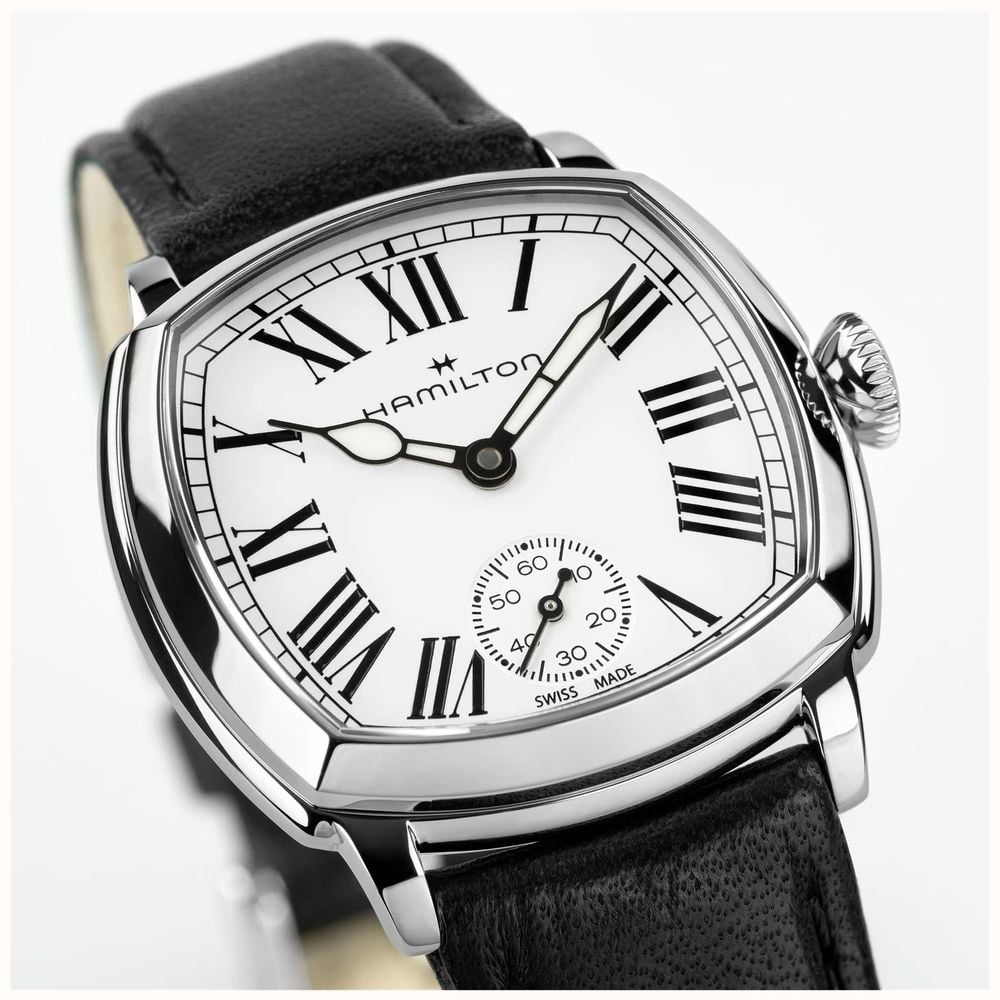 Hamilton American Classic Cushion Mechanical (30mm) Enamel White Dial / Black Leather Strap Watch H36109720 - alternate view 3