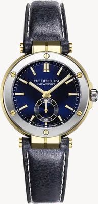 Herbelin Newport al quarzo con piccoli secondi (35 mm), quadrante blu con motivo a raggi di sole / cinturino in pelle blu navy 18289T1N35