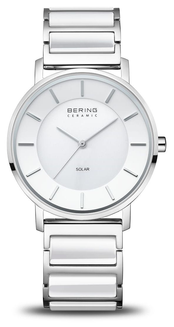 Bering Cadran blanc argentÃ© poli solaire (35 mm) / bracelet montre