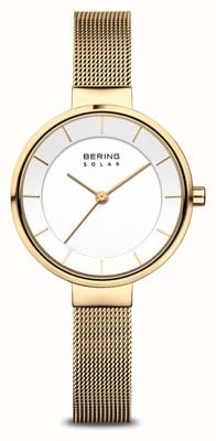 Bering Relógio solar feminino com pulseira de malha folheada a ouro 14631-324