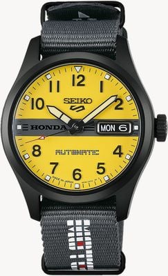 Seiko 5 sports x honda motocompo limited edition (36,4mm) gelbes zifferblatt / graues nylon-armband HDB010K1