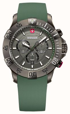 Wenger Seaforce Quarz-Chronograph (43 mm), Zifferblatt in Gunmetal-Optik / grünes Silikonarmband 01.0643.127