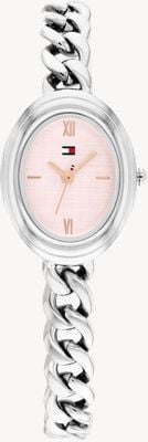 Tommy Hilfiger Reloj de cuarzo semi ovalado de tres agujas (21,5 mm), esfera rosa / brazalete de acero inoxidable 1782876