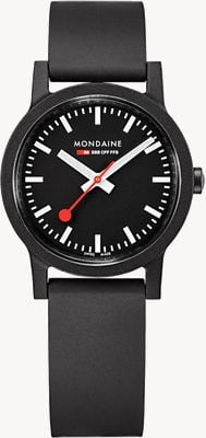 Mondaine Essence Quartz, schwarzes Zifferblatt, schwarzes Armband aus Naturkautschuk MS1.32120.RB