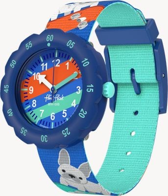 Flik Flak Skating Frenchie (34,75 mm) blau gemustertes Zifferblatt / blaues Armband mit Skating Frenchie-Muster FPSP075