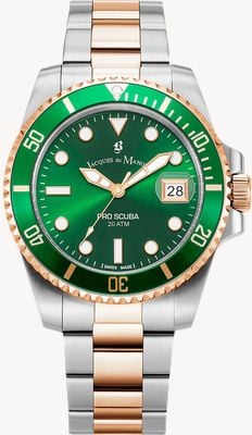 Jacques Du Manoir Pro scuba (43 mm) esfera verde / brazalete de acero inoxidable de dos tonos JWG02804
