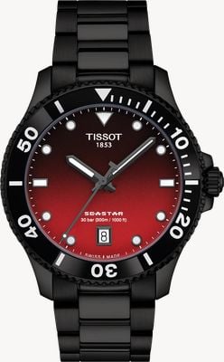 Tissot シースター1000(40mm)グラデーション赤ダイアル/ブラックPVDステンレススチールブレスレット腕時計 T1204103342100