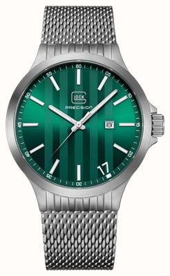 GLOCK Precision Date Quartz (44mm) Green Striped Dial / Stainless Steel Mesh Strap GW-12-3-24