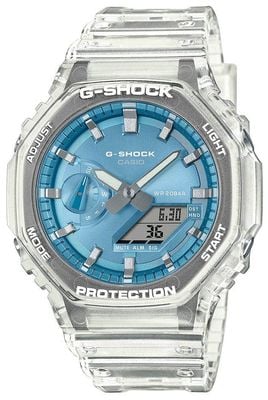 Casio G-Shock-Serie mit hellem Metallic-Zifferblatt (45,4 mm), himmelblaues Zifferblatt / durchscheinendes Harzarmband GA-2100BM-7A2ER