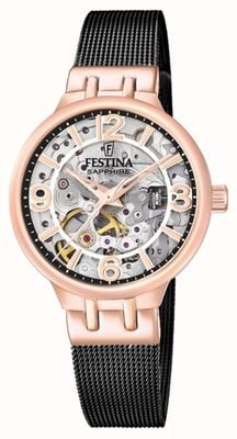 Festina Dames roségoud/zwart geplateerd skelet automatisch horloge met mesh armband F20581/3