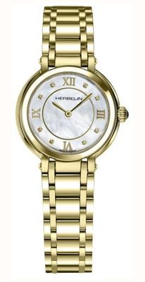 Herbelin Reloj galet (28 mm) de nácar para mujer con esfera engastada de diamantes y brazalete de acero inoxidable PVD dorado 17430BP59