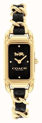 Coach Cadie für Damen, schwarzes, rechteckiges Zifferblatt/schwarzes Lederarmband aus goldenem Edelstahl 14504281