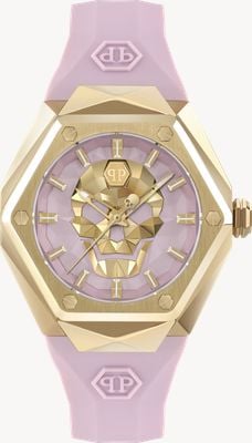 Philipp Plein Высококонические женские часы $kull spikes (40 мм) с розовым и золотым циферблатом / розовым силиконовым ремешком PWADA0124
