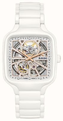 RADO Montre automatique carrée True Square Open Heart étincelante (38 mm), cadran blanc scintillant / bracelet en céramique blanche haute technologie R27073722