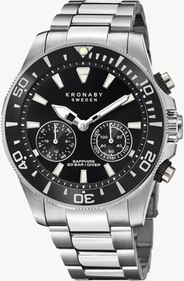Kronaby Diver Hybrid-Smartwatch (45,7 mm), schwarzes Zifferblatt/Edelstahlarmband S3778/2