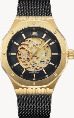 GLOCK Precision Montre squelette automatique (45 mm), cadran noir et or, bracelet en maille d'acier inoxydable PVD noir GW-21-1-24