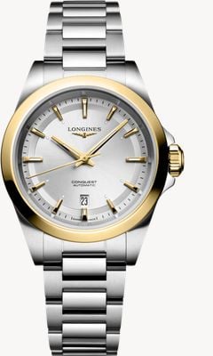 LONGINES Conquest Automatik, 18 Karat (30 mm), silbernes Zifferblatt mit Sonnenschliff / Edelstahlarmband L33205706