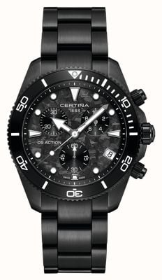 Certina DS Action Chrono Quartz (42 mm) zwarte carbon wijzerplaat / zwarte PVD roestvrijstalen armband C0484173320100
