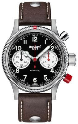 Hanhart Chronographe automatique Pioneer mk ii (40 mm), cadran panda inversé / bracelet en cuir marron foncé à rivets - m 716.211-0110