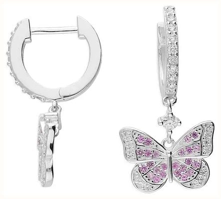 James Moore CME Silver White And Pink Cubic Zirconia Butterfly Huggie Drop H5719/S