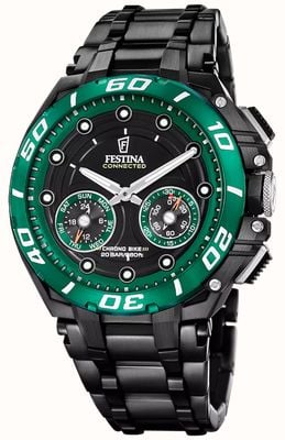 Festina Relógio inteligente híbrido Chrono Bike Connected (46 mm) com mostrador preto e pulseira em aço inoxidável com revestimento PVD preto. F20762/2
