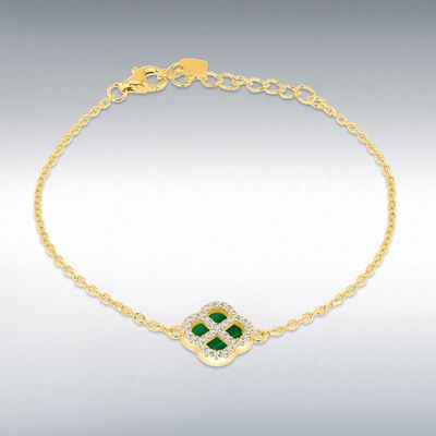 Sterling Silver Yellow Gold Plated 11mm Clover Malachite and 1.1mm White CZ Adjustable Bracelet 16cm 8.29.2882