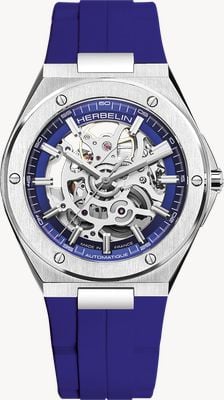 Herbelin Cap Camarat squelette automatique (40,5 mm) cadran squelette argenté / bracelet en caoutchouc FKM bleu cobalt 1645SQ115CBC
