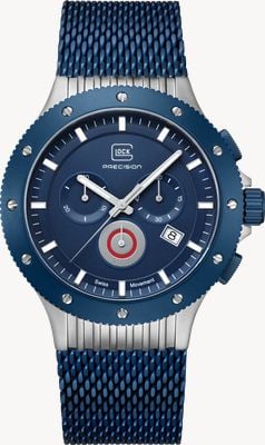 GLOCK Precision Chronograf tytanowy (44 mm) z niebieską tarczą / bransoletą z siatki ze stali nierdzewnej z niebieskim PVD GW-27-3-24