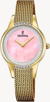 Festina Mademoiselle (30,2 mm) rosa Perlmuttzifferblatt / goldfarbenes Edelstahl-Mesh-Armband F20495/2