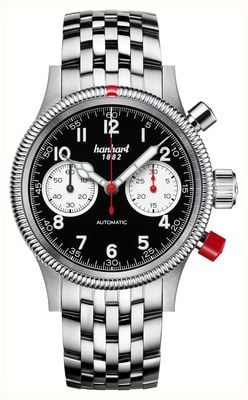 Hanhart Cronógrafo automático Pioneer MK II (40 mm) com mostrador panda invertido e pulseira de aço inoxidável. 716.211-6428