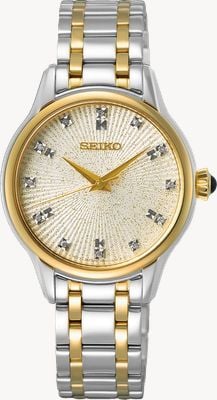 Seiko Klasyczny kwarcowy zegarek kryształowy (29,5 mm) z błyszczącą kremową tarczą / dwukolorową bransoletą ze stali nierdzewnej SRZ550P1