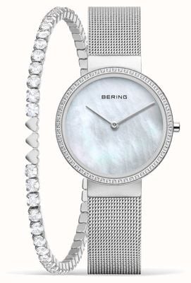 Bering Conjunto de presente clássico feminino (31 mm) com mostrador em madrepérola e pulseira de malha de aço inoxidável 14531-004-GWP190