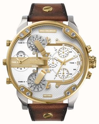Diesel Mr. Daddy 2.0 Multifunktion (57 mm) weiß-goldenes Zifferblatt / braunes Lederarmband DZ7483