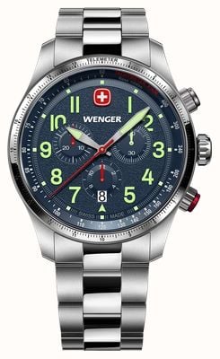 Wenger Cronógrafo de cuarzo Terragraph (43 mm) con esfera azul texturizada y brazalete de acero inoxidable. 01.0543.112