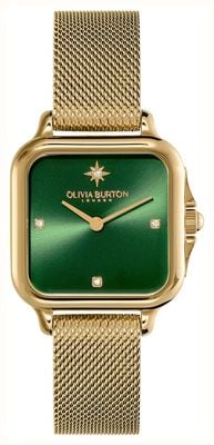 Olivia Burton Grosvenor Classic (28 mm), grünes Zifferblatt mit Sonnenschliff / goldfarbenes PVD-beschichtetes Edelstahl-Mesh-Armband 24000087