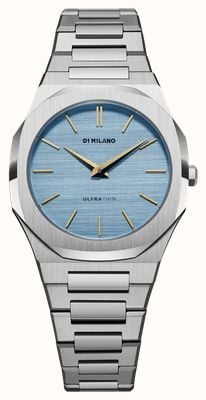 D1 Milano Ultradünnes, hellblaues, gebürstetes Leinen-Zifferblatt (34 mm) / Edelstahlarmband UTBL17