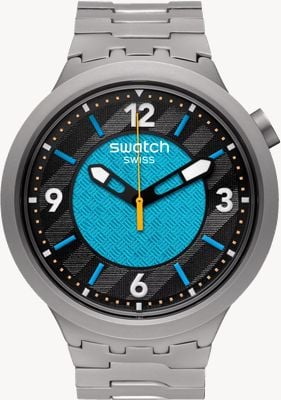 Swatch Frostbloom (47 mm) esfera negra y azul/brazalete de acero inoxidable SB07S116G