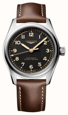 LONGINES Spirit Pilot Automatik-Chronometer (39 mm), schwarzes Zifferblatt / braunes Lederarmband L38094532