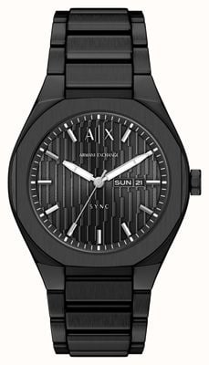Armani Exchange Quarzuhr mit drei Zeigern, Tag- und Datumsanzeige (42 mm), strukturiertes schwarzes Zifferblatt / schwarzes PVD-beschichtetes Edelstahlarmband AX4301