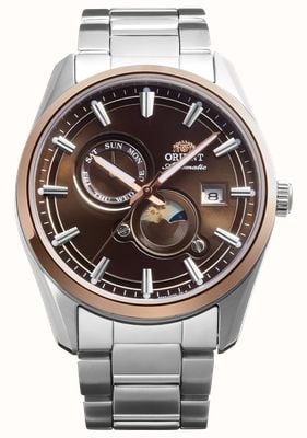 Orient Automatyczny zegarek Stretto Sun & Moon (41,5 mm) z brązową tarczą i bransoletą ze stali nierdzewnej RA-AK0313Y30B